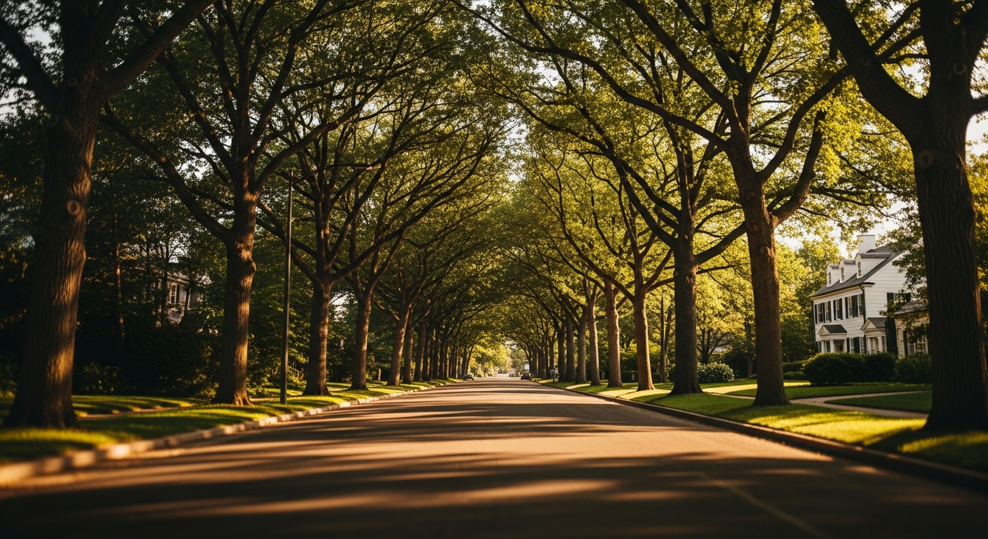 Tree-lined North Shore residential street at golden hour